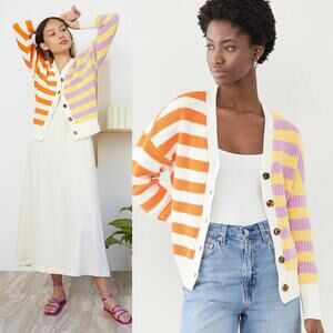 Staud Essex Colorblock Striped Cardigan Cabana Stripe Size XS Button Up